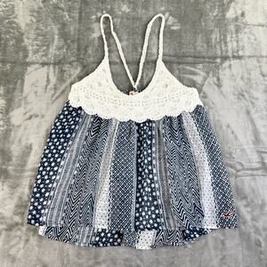 Hollister Lightweight Crochet Semi Sheer Chiffon Tank Blue + White Womens Sz XS